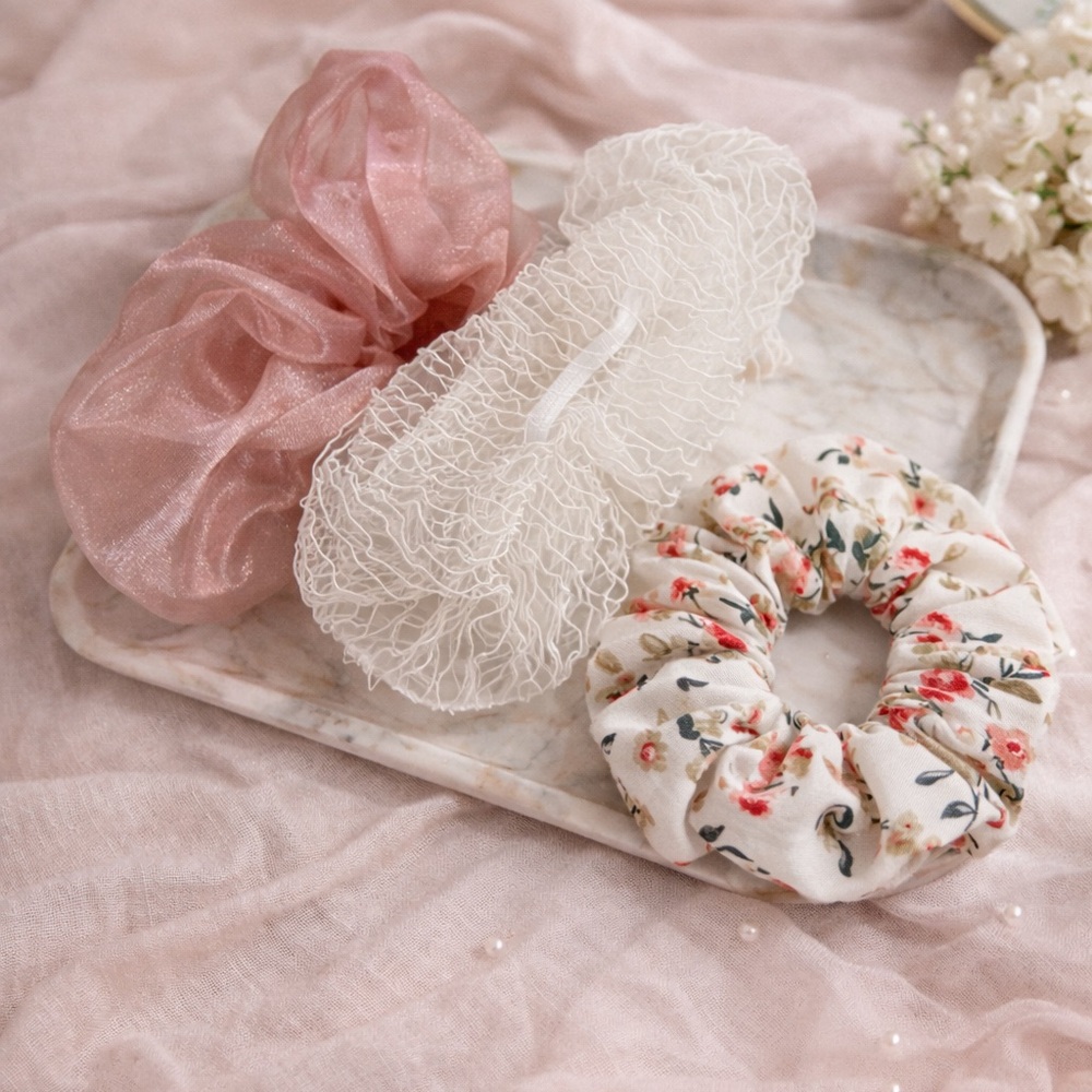 Elegant Pink White Floral Scrunchies Set of 3 Soft Hair Accessories